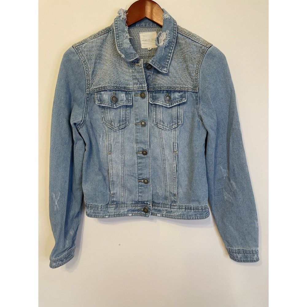 Copper Keyโ Distressed Denim Button Down Ripped Jean Jacket M Detail Shoulder